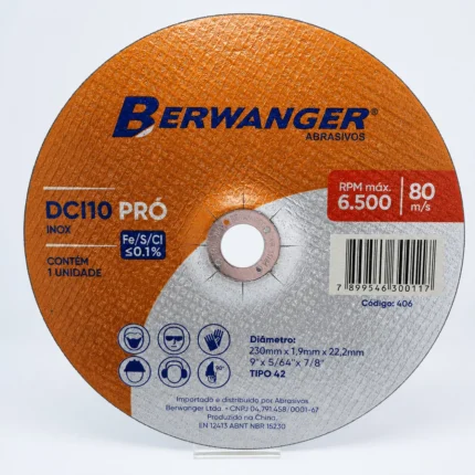 Disco de corte DCI10 PRO 230 x 1,9 x 22 mm T41 Berwanger para aço e inox